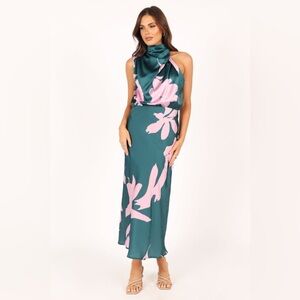 Petal And Pup Anabelle Halter Neck Midi Dress Green Pink Medium NWT Asymmetrical